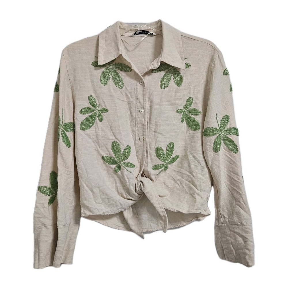 ZARA Button Up Women M Beige Green Leaf Beaded Tie Front Long Sleeve Blouse